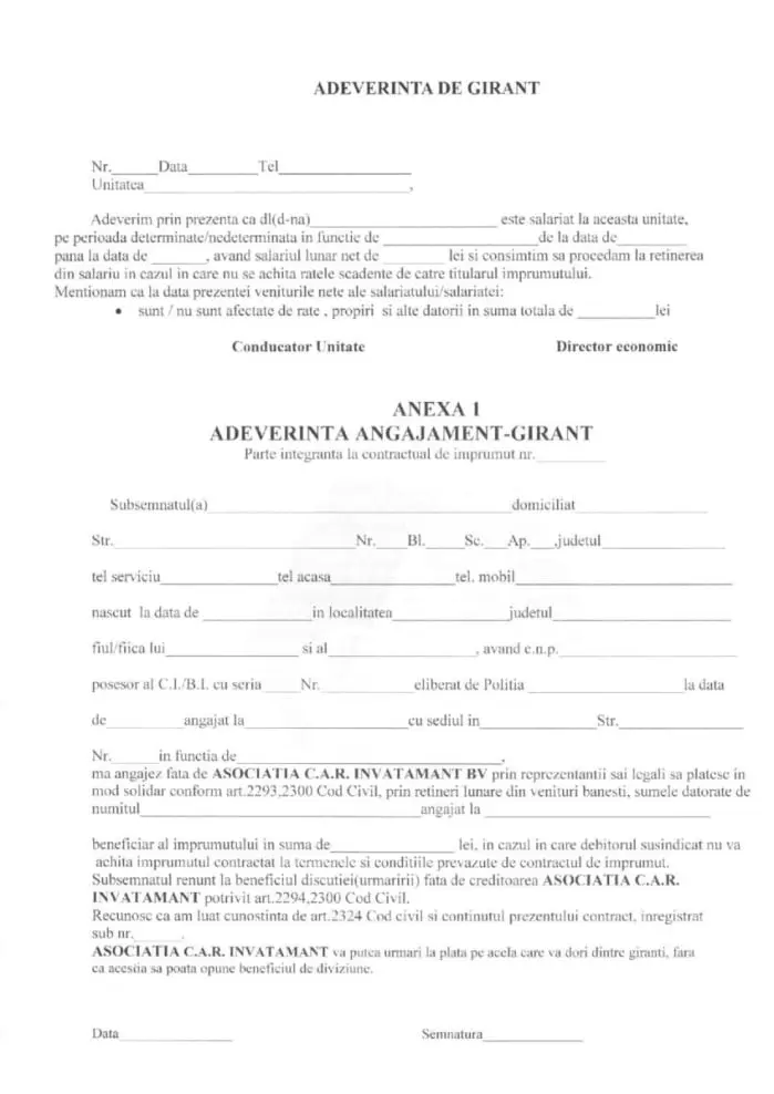 Adeverinta angajament - girant